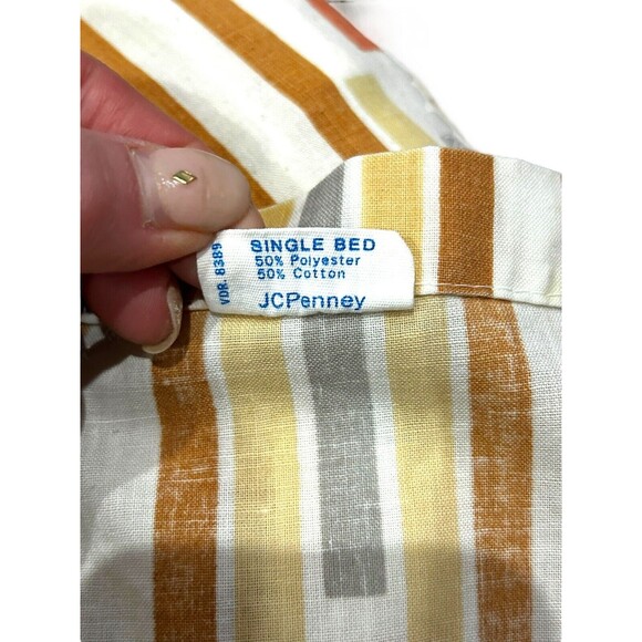 VTG Penn Prest MW Fashion Manor Striped Single Sheet Set Orange Gold Brown JCP - Picture 4 of 6
